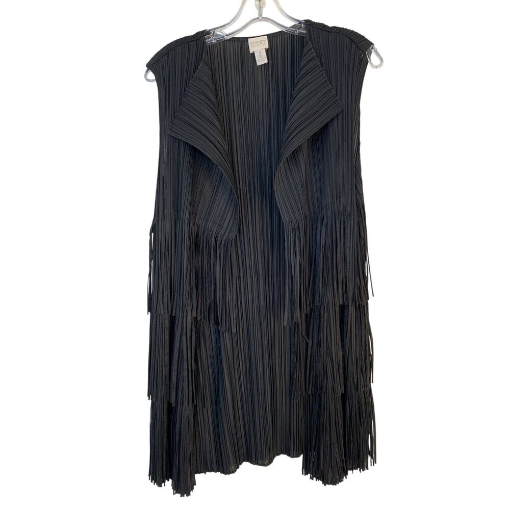 Chicos Black Fringe Vest Size L 12 Micro Pleat Semi-Sheer Sleeveless RX10636